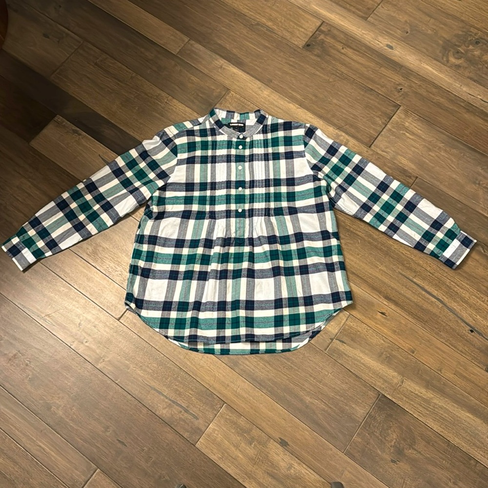Lands’ End Women’s Black & Green Plaid Pintuck Pleated Flannel Shirt Size 16 P